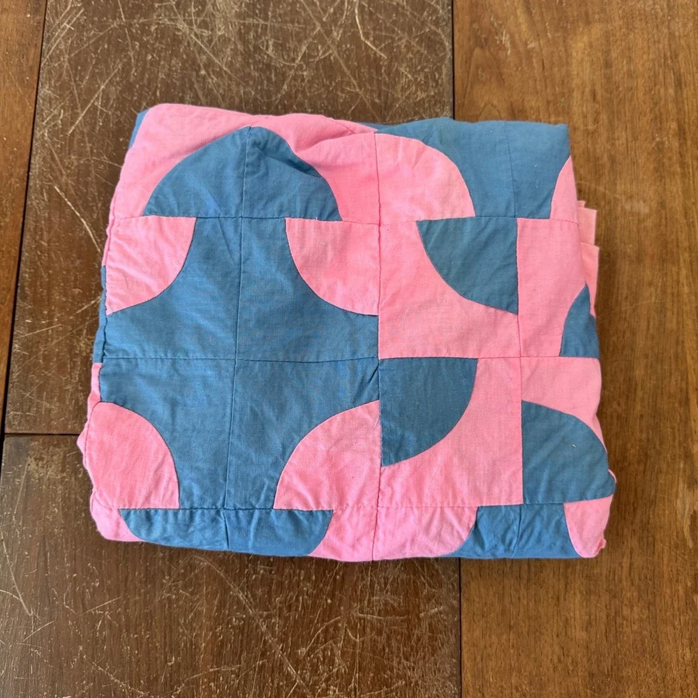 Vintage 1941 Dunkard's Path Pink Blue Handmade Quilt Top 72x80 farmhouse cottage